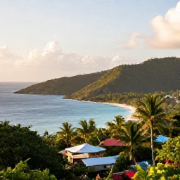 Caribbean Holidays, September Instagram Hotspots, A wide scenic view of Trinidad and Tobago in September, showing tropical coastline, green hills, warm sunlight and a relaxed Caribbean atmosphere