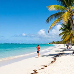 Caribbean Holidays, September Instagram Hotspots, A wide, sunlit Caribbean beach in September with turquoise water, swaying palm trees and a relaxed traveller taking a photograph