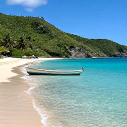 Caribbean Holidays, September Instagram Spots, A calm hidden cove on Saint-Martin with clear turquoise water, pale sand, green hills and a small traditional boat