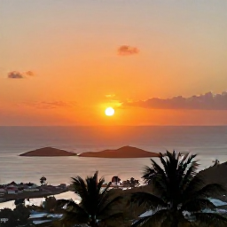 Caribbean Holidays, September Instagram Spots, A vivid Caribbean sunset viewed from a hilltop lookout on Saint Martin, with the sea, islands and palm silhouettes in the foreground