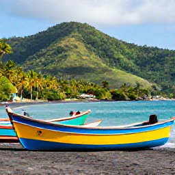 Caribbean Holidays, September Instagram Spots, Colourful fishing boats pulled up on a black volcanic sand beach in Saint Vincent, backed by lush hills and coconut palms
