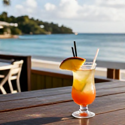 Caribbean Holidays, September Instagram Spots, Friendly local caf&eacute; terrace overlooking a Caribbean bay in Saint Vincent and the Grenadines, with fresh fruit, rum punch and late-afternoon light