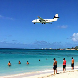 Caribbean Holidays, September Instagram Spots, Maho Beach in Sint Maarten with a low-flying passenger aeroplane approaching above the turquoise sea and people watching from the beach