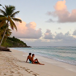 Caribbean Holidays, September Island Hopping, Couple relaxing on a quiet Caribbean beach in September, with gentle waves, palm trees and soft afternoon clouds