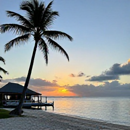 Caribbean Holidays, September Island Hopping, Relaxed Caribbean beach at sunset with palm trees, calm sea and a small waterfront restaurant on Saint Vincent and the Grenadines