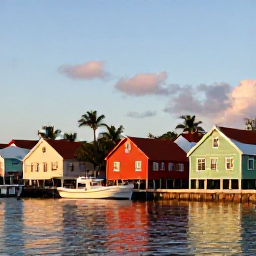 Caribbean Holidays, September Island Hopping, Traditional wooden houses and a calm harbour in Christiansted, St Croix, with palm trees and warm evening light