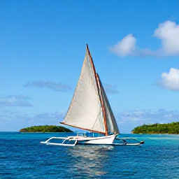 Caribbean Holidays, September Island Hopping, Traditional wooden sailing boat cruising between small green Caribbean islands with calm blue water and a sunny sky