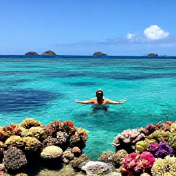 Caribbean Holidays, September Island Hopping, Traveller snorkelling above a colourful coral reef in the Tobago Cays, with clear turquoise Caribbean water and small islands beyond