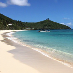 Caribbean Holidays, September Island Hopping, White sand beach on St John with clear shallow water, green hills and a small snorkelling boat offshore