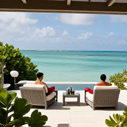 Caribbean Holidays, September Luxury, A couple relaxing on a private villa terrace overlooking a calm turquoise sea in the Turks and Caicos Islands, with tropical greenery and comfortable outdoor furniture