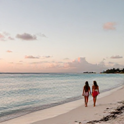 Caribbean Holidays, September Luxury, A couple walking along Grace Bay Beach at sunset, with calm clear water, pale sand and a peaceful September sky