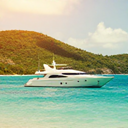 Caribbean Holidays, September Luxury, A luxury yacht anchored in a calm turquoise bay beside green British Virgin Islands in warm September sunshine