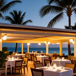 Caribbean Holidays, September Luxury, An elegant open-air restaurant beside the sea in Providenciales, serving fresh seafood at dusk with palm trees and warm lighting
