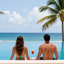 Caribbean Holidays, September Luxury, Couple relaxing beside a Caribbean infinity pool in September, with a cocktail, palm trees and a calm blue ocean in the background
