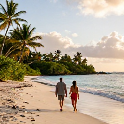 Caribbean Holidays, September Luxury, Couple walking through a quiet Saint Martin beach at golden hour, tropical vegetation and gentle Caribbean waves