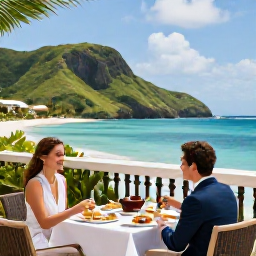 Caribbean Holidays, September Luxury, Elegant Caribbean hotel terrace overlooking a tropical bay in September, with a couple enjoying breakfast and lush green hills beyond