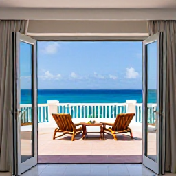 Caribbean Holidays, September Luxury, Elegant luxury hotel suite in Saint Martin with open doors to a private terrace overlooking the Caribbean Sea