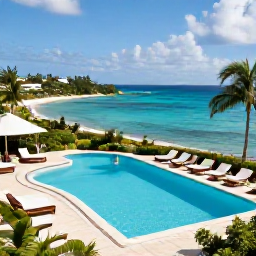 Caribbean Holidays, September Luxury Holidays, Elegant luxury hotel pool overlooking a Caribbean bay on St Thomas, September sunshine, loungers, palms and vivid blue water