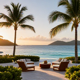 Caribbean Holidays, September Luxury Holidays, Luxury beachfront resort in the United States Virgin Islands at sunrise in September, calm turquoise sea, palm trees and elegant outdoor terrace