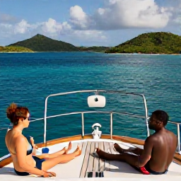 Caribbean Holidays, September Luxury Holidays, Private yacht sailing between the US Virgin Islands in September, guests relaxing on deck, snorkelling in clear water and green islands in the distance