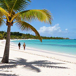 Caribbean Holidays, September Luxury Holidays, Quiet white-sand beach in the United States Virgin Islands during September, turquoise water, shaded palms and a couple walking along the shore
