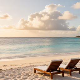 Caribbean Holidays, September Luxury, Luxury beachfront resort in the Caribbean during September, with calm turquoise water, white sand, elegant sun loungers and soft morning light