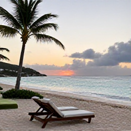 Caribbean Holidays, September Luxury, Luxury beachfront resort on Saint Martin at sunrise, calm turquoise sea, elegant loungers and tropical palms