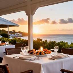 Caribbean Holidays, September Luxury, Outdoor table at a refined French Caribbean restaurant in Grand Case, Saint Martin, with local seafood and sunset views