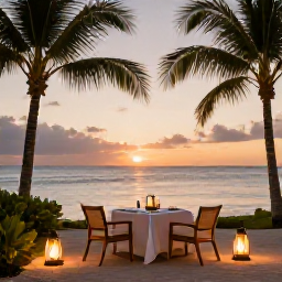 Caribbean Holidays, September Luxury, Romantic Caribbean sunset from a luxury resort in September, with a table for two, soft lantern light and palms beside the sea