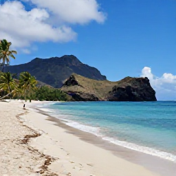 Caribbean Holidays, September Montserrat, A quiet tropical beach on Montserrat in September, with volcanic hills, calm turquoise water and a few palm trees