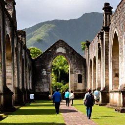 Caribbean Holidays, September Montserrat, Visitors walking through the atmospheric ruins of Plymouth on Montserrat, with volcanic hills and tropical greenery in the background