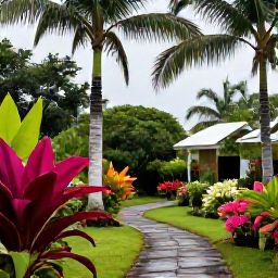 Caribbean Holidays, September Nature, A peaceful Saint Barth&eacute;lemy garden after a tropical shower, with palm trees, flowering plants and a stone path