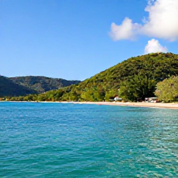 Caribbean Holidays, September Nature, Calm turquoise sea, green hills and a secluded beach in the Grenadines during a warm September day
