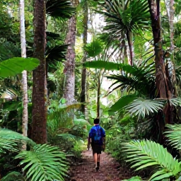 Caribbean Holidays, September Nature, Hikers walking through the Vermont Nature Trail rainforest on Saint Vincent, surrounded by tall trees and dense tropical plants