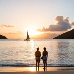 Caribbean Holidays, September Nature Holidays, Friendly couple enjoying a peaceful tropical bay at sunset in the British Virgin Islands, with a small sailing boat offshore