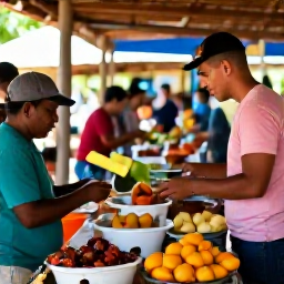 Caribbean Holidays, September Nature Holidays, Friendly local guide and visitors enjoying fresh tropical food at a Dominican Republic countryside market
