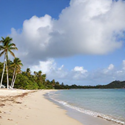 Caribbean Holidays, September Nature Holidays, Green tropical coastline and quiet beach in the United States Virgin Islands beneath a partly cloudy September sky