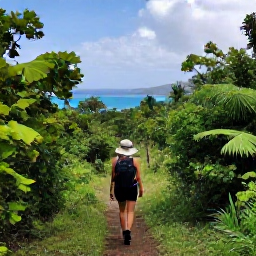 Caribbean Holidays, September Nature Holidays, Hiker walking through a green tropical trail in Virgin Islands National Park on St John, with coastal views in the distance