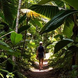 Caribbean Holidays, September Nature Holidays, Traveller walking through a tropical rainforest trail in the Dominican Republic, surrounded by broad green leaves and filtered sunlight