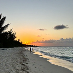 Caribbean Holidays, September Nature, Long empty white-sand beach at sunset on Providenciales, Turks and Caicos, with gentle waves and a couple walking along the shore