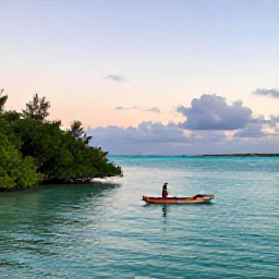 Caribbean Holidays, September Nature, Quiet turquoise lagoon at dawn on Providenciales, Turks and Caicos, with mangroves and a small kayak in the foreground
