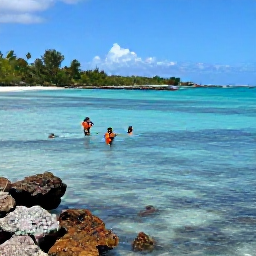 Caribbean Holidays, September Nature, Snorkellers exploring clear shallow water beside a Saint Barth&eacute;lemy beach, with colourful fish, coral and a rocky reef