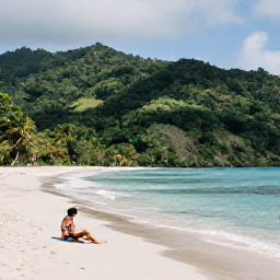 Caribbean Holidays, September Nature, Traveller relaxing beside a quiet Caribbean beach on Saint Vincent, with rainforest-covered hills in the background