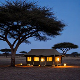 Caribbean Holidays, September Safaris, Comfortable tented safari camp at dusk, lanterns glowing beneath acacia trees with African plains beyond