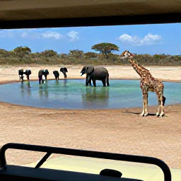 Caribbean Holidays, September Safaris, Elephants and giraffes gathered beside a clear waterhole on an African plain, viewed from an open safari vehicle