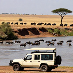 Caribbean Holidays, September Safaris, Open safari vehicle watching wildebeest crossing a river in the Maasai Mara, with wildlife and dusty golden plains in the background