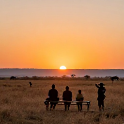 Caribbean Holidays, September Safaris, Travellers enjoying a sunset safari overlooking African grassland, with a warm orange sky and distant wildlife silhouettes