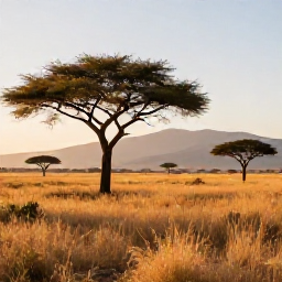 Caribbean Holidays, September Safaris, Wide African savannah at sunrise in September, golden grass, scattered acacia trees and distant mountains