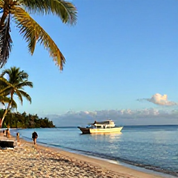 Caribbean Holidays, September Scuba Diving, A dive boat leaving a palm-fringed Tobago beach on a calm sunny morning