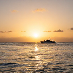 Caribbean Holidays, September Scuba Diving, Aruba coastline at sunset with a dive boat offshore, golden light and calm Caribbean Sea